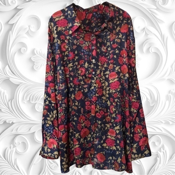 Ralph Lauren Tops - Lauren Ralph Lauren Blue Satin Collared Blouse With Red Flowers And Vines -